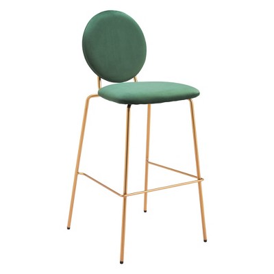 HomeRoots Set of Two 30" Green and Gold Velvet and Steel Bar Height Bar Chairs