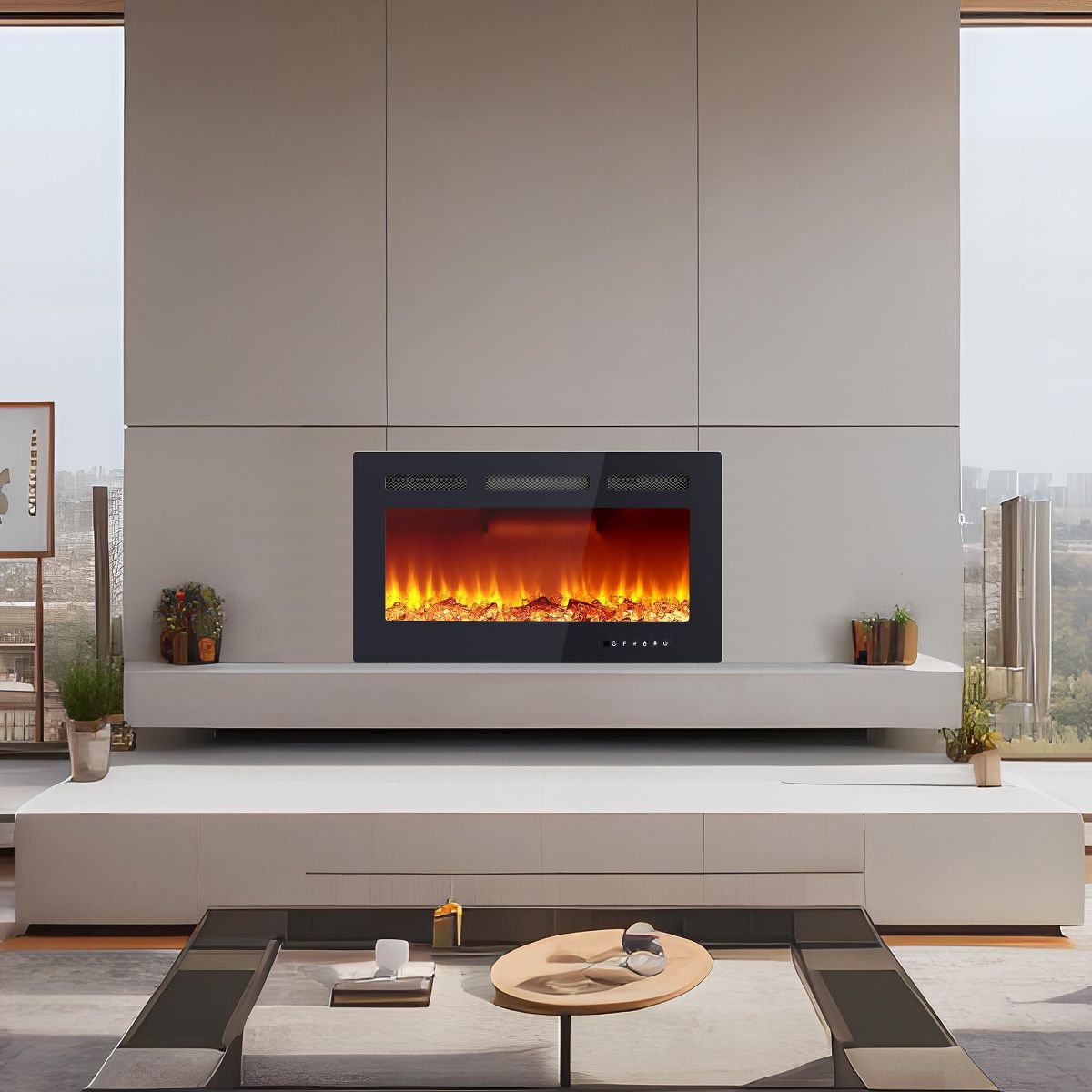 30 Inch Wall-Mounted Electric Fireplace - Adjustable Flame Color & Brightness, Quiet Heater with Overheat Protection - thumbnail 4
