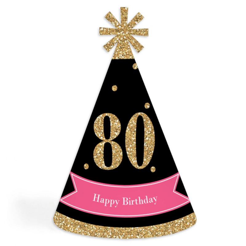 Big Dot of Happiness Chic 80th Birthday - Pink, Black and Gold - Cone Happy Birthday Party Hats for Adults - Set of 8 (Standard Size), 1 of 8