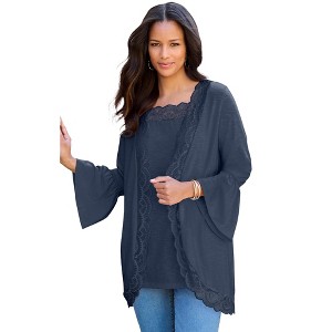 Roaman's Women's Plus Size Lace-Detailed Cardigan And Tank Set - 1 of 4