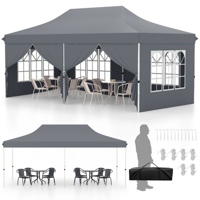 Tangkula 10 x 20FT Pop up Canopy with 6 Sidewalls Outdoor Canopy Tent with Zippered Entrances Windows Blue/Black/Grey/White