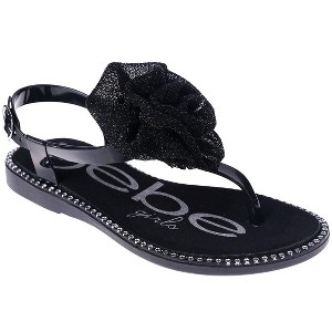 bebe Girl's T-strap Flat Sandals with Pearl, Flower, and Rhinestone Details - Sandals for Little Kid/Big Kid - 1 of 4