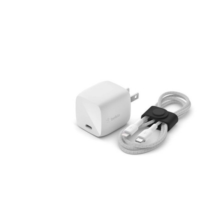 Belkin 2A/30W 1-port USB-C Wall Charger with 3.3ft Braided Lightning Cable to USB-C - White