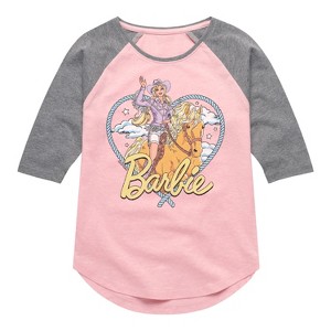 Girls' - Barbie - Western Barbie Heart Shirt Tail Raglan Graphic T-shirt - 1 of 3