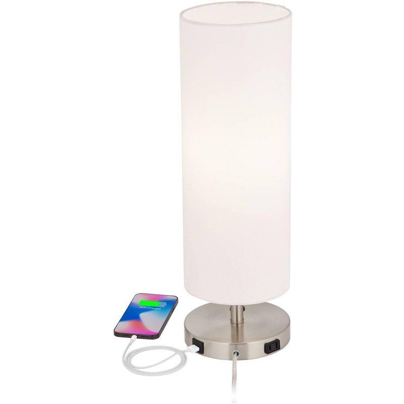 360 Lighting Heyburn Modern Accent Table Lamps 20" High Set of 2 Brushed Nickel with USB and AC Power Outlet in Base White Cylinder Shade for Desk, 3 of 10