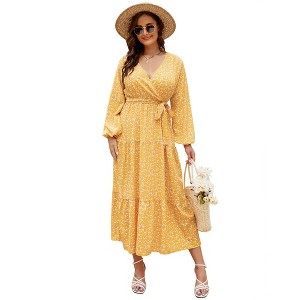 BLUEMING Plus Size Maxi Dress Floral V Neck Surplice Dress with Lantern Sleeve Tie Waist Dresses Plus Size - 1 of 4