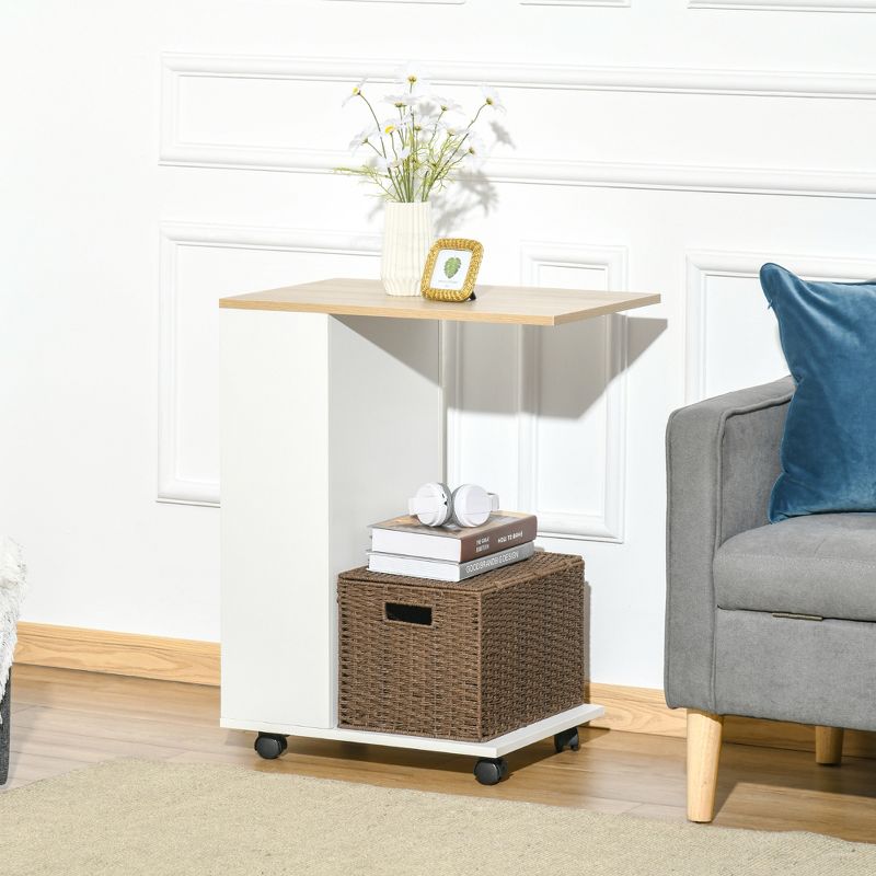 HOMCOM C-Shaped Sofa Side Table Mobile End Table with Storage and Wheels for Living Room, Bedroom, Office, 3 of 9
