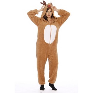#followme Womens One Piece Christmas Themed Adult Bodysuit Faux Shearling Hoody Winter Pajamas - 1 of 4