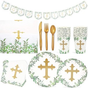 Sparkle and Bash 170Pcs Disposable Dinnerware Set- Plates, Napkins, Cups, Cutlery, Table Cover for Religious Party Decorations, Serves 24 - 1 of 4