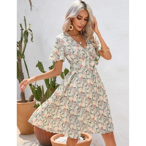 Women's Maternity Summer Casual Short Sleeve Pleated Wrap Midi Dress Nursing V Neck Dress Baby Shower Photoshoot Belt - 1 of 4