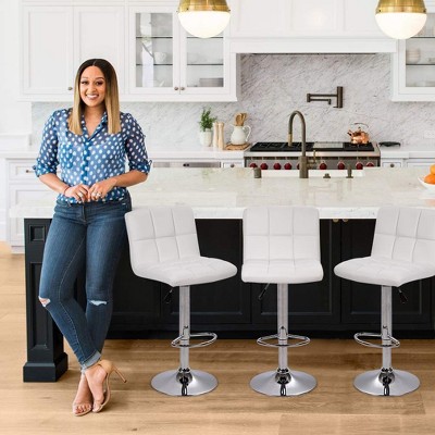 White Adjustable Swivel Bar Stools with Chrome Base, Set of 2
