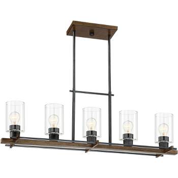 Franklin Iron Works Ranger Dust Bronze Wood Linear Pendant Chandelier 36 3/4" Wide Rustic Clear Glass 5-Light Fixture for Dining Room Kitchen Island