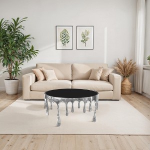 Royal Hampton Coffee Table | 36 Inch Round Glass Top | Melting Drip Design | Silver - 1 of 1