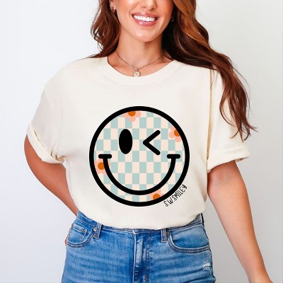 Simply Sage Market S.W.Smiley Checkered Smiley Face Garment Dyed Tee