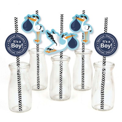 Big Dot of Happiness Boy Special Delivery - Paper Straw Decor - Blue It's A Boy Stork Baby Shower Striped Decorative Straws - Set of 24