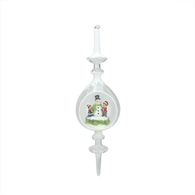 Roman 12.5" Winter Scene with Children Building Snowman Inside of Glass Pendant Finial Christmas Ornament - White