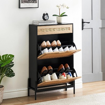 Natural Rattan Shoe Cabinet with 2 Flip Drawers – Freestanding Shoe Rack with Adjustable Shelf & Metal Legs for Entryway, Hallway