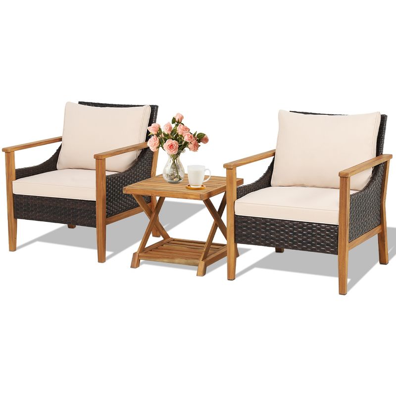 Costway 3PCS Patio Wicker Furniture Set Cushioned Armchairs with 2-Tier Side Table Balcony, 2 of 11