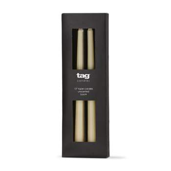 tag Color Studio 12" Traditional Taper Unscented Smokeless Paraffin Wax Candle Ivory, Set of 4, Burn Time 8 hrs.
