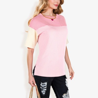 Anna-Kaci Women's Color Block Knit Top with Crew Neck and Short Sleeves, Casual Loose Fit Comfortable Blouse