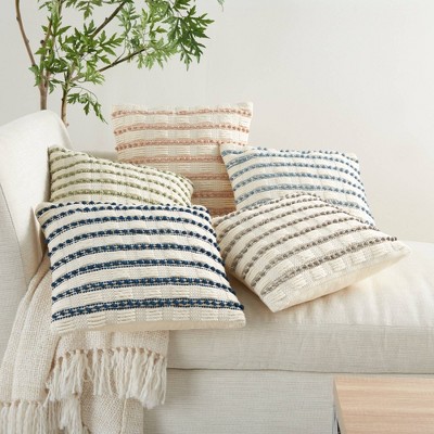 Ivory and Navy Woven Lines and Dots 18" Square Throw Pillow