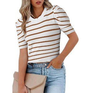 Zilpu Women's Trendy Puff Sleeve Knit Top - Casual Tee Shirt Blouse - 1 of 4
