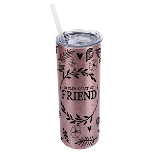 Elanze Designs Floral Bubblegum Pink 20 Ounce Double Wall Stainless Steel Glitter Travel Tumbler With Sliding Lid And Straw, World's Greatest Friend - 1 of 4