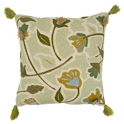 Embroidered Floral Cotton Square Throw Pillow with Down Filling