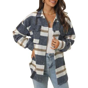 Seta T Women's Fall Winter Button Front Closure Long Sleeve Plaid Jacket with Pockets