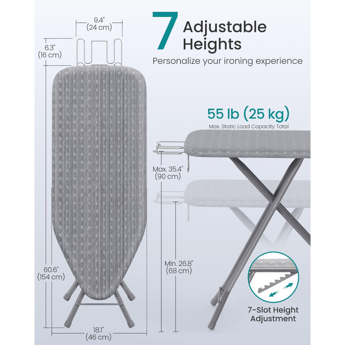 LEDREM Ironing Board with Cover & Pad, Foldable Steel Frame, Adjustable Height, Iron Rest, for Laundry Room - thumbnail 5