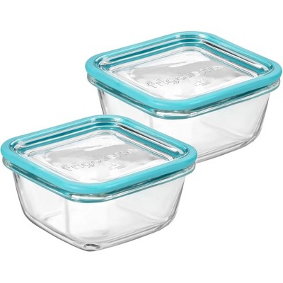 Bormioli Rocco Frigoverre Future Square Glass Container Set of 2 - 14.25 oz Reusable Food Jars with Lid - Microwave & Freezer Safe