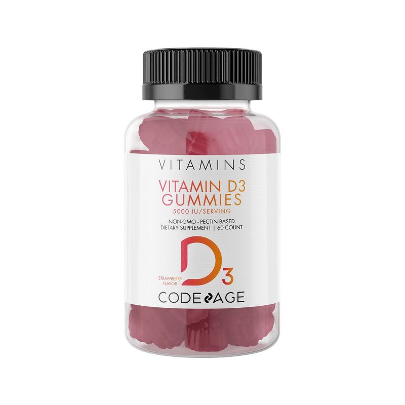 Codeage Vitamin D3 Gummies, 5000 IU, Strawberry Flavored Vitamin Supplement -  60ct, 1 of 7