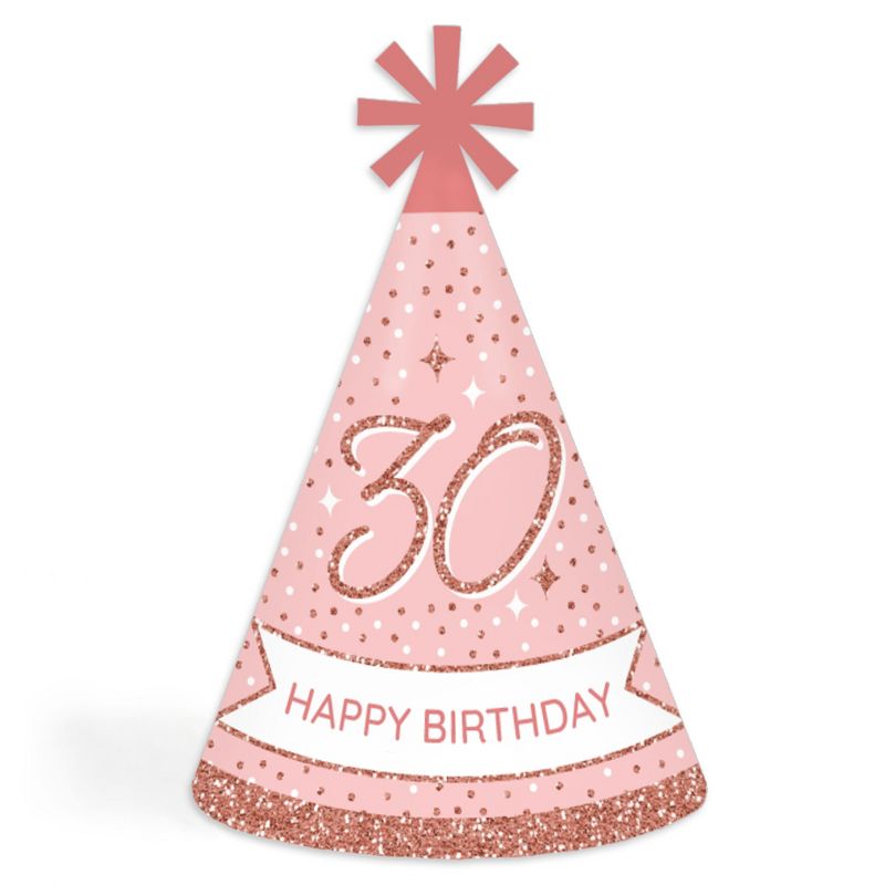 Big Dot of Happiness 30th Pink Rose Gold Birthday - Cone Happy Birthday Party Hats for Adults - Set of 8 (Standard Size), 1 of 8