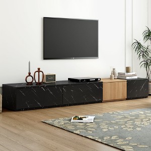 HDZNVF TV Stand with Faux Marble and Walnut Wood Grain Finish for TVs up to 88 inch, Black - 1 of 4