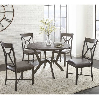 5pc Alamo Dining Set Gray - Steve Silver Co.: Round Table, Geometric Metal Base, Padded Vinyl Chairs