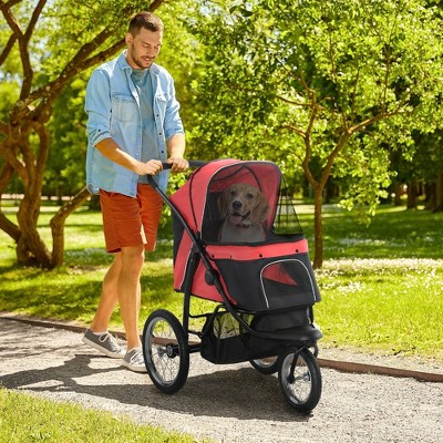 Whisen Pet Strollers & Foldable Cart Stroller for Small and Medium Dogs with 3 Big Wheels, Adjustable Canopy - Red