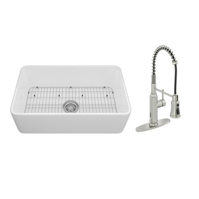 30-inch Fireclay Single Bowl Farmhouse Apron Kitchen Sink with Spring Faucet All-in-one Kit