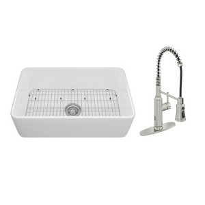 30-inch Fireclay Single Bowl Farmhouse Apron Kitchen Sink with Spring Faucet All-in-one Kit - 1 of 4