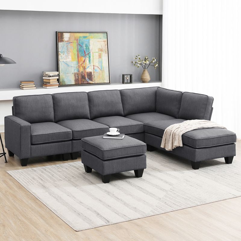 104.3" Modern L Shaped Sectional Sofa, 7 Seater Linen Sofa Set with Chaise Lounge and Convertible Ottoman - ModernLuxe, 2 of 13