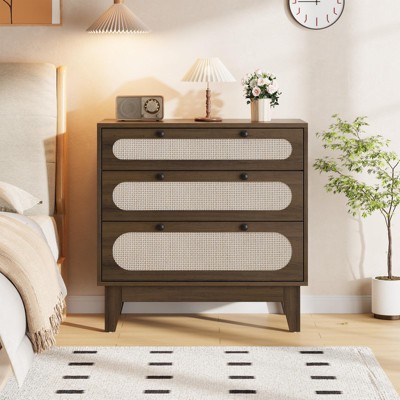 3 Drawer Wood Dresser with Rattan Accents, Nightstand Bedside Table for Bedroom, Living Room, or Entryway