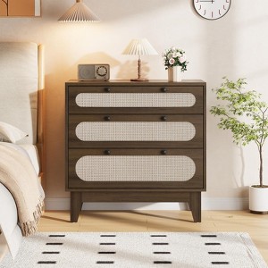 3 Drawer Wood Dresser with Rattan Accents, Nightstand Bedside Table for Bedroom, Living Room, or Entryway - 1 of 4