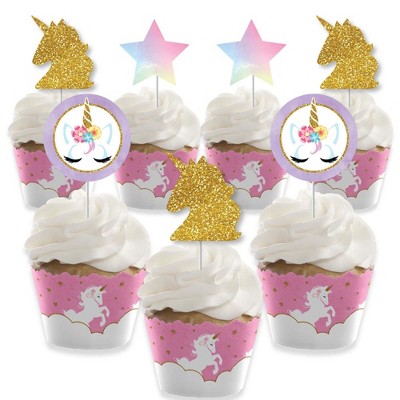 Big Dot of Happiness Rainbow Unicorn - Cupcake Decoration - Magical Baby Shower or Birthday Party Cupcake Wrappers and Treat Picks Kit - Set of 24