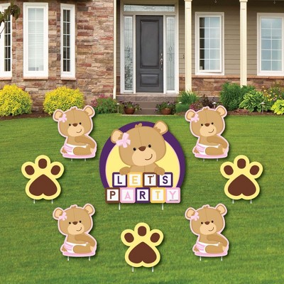 Big Dot of Happiness Baby Girl Teddy Bear - Yard Sign & Outdoor Lawn Decorations - Baby Shower Yard Signs - Set of 8