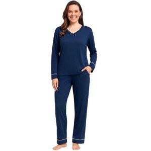 YafeMarte Women’s Super Soft Knit 2-Piece Long Sleeves Pajama Set with Contrast Design - 1 of 4