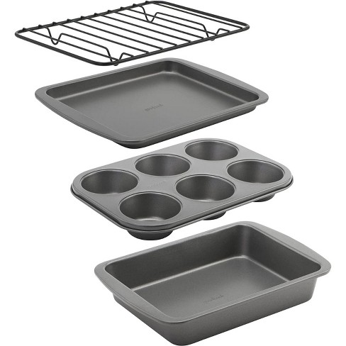 Baker's Secret Stackable Baking Set of 5 Bakeware Pans, Bakeware Set, Baking Pan Set Includes Muffin Pan, Roaster Pan, Square Pan, Cookie Sheet, Loaf