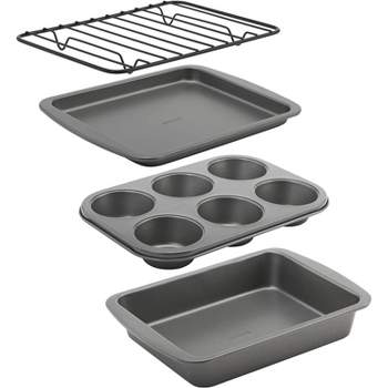 GoodCook 4-Piece Nonstick Steel Toaster Oven Set with Sheet Pan, Rack, Cake Pan, and Muffin Pan, Gray,Gray