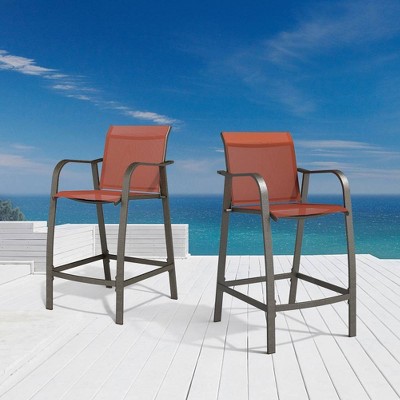Pellebant Orange Textilene Aluminum Outdoor Counter Height Bar Stools, Set of 2