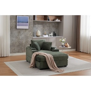 42.1'' Wide Stripe Corduroy Chaise Lounge Chair with Storage Armrest, Movable Ottoman, and Cup Holders, Detachable Cushions Deep Seat - 1 of 4