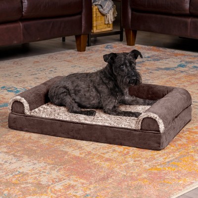 Medium Espresso Faux Fur Orthopedic Sofa-Style Pet Bed