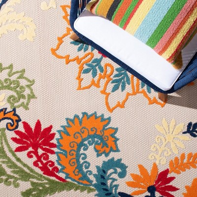 Ivory and Blue Floral Synthetic Square Rug